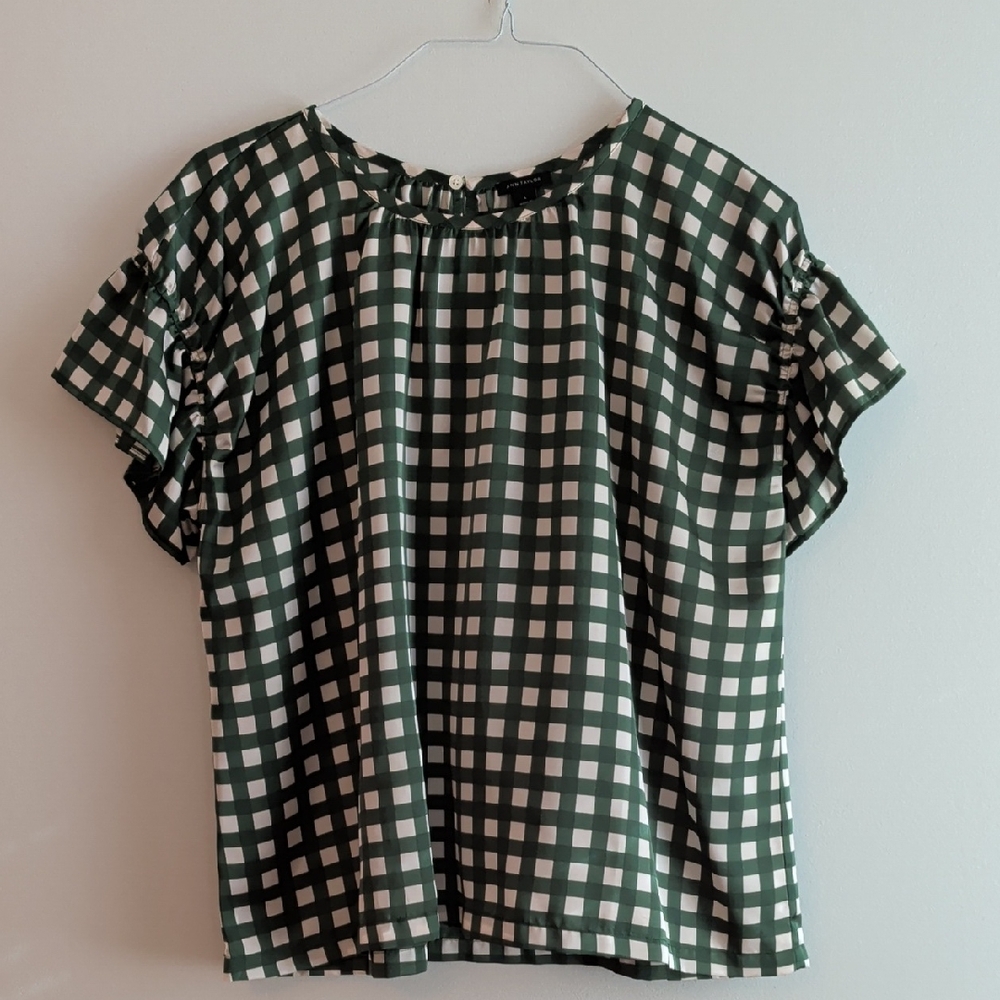 Ann Taylor Green and White Checkered Blouse